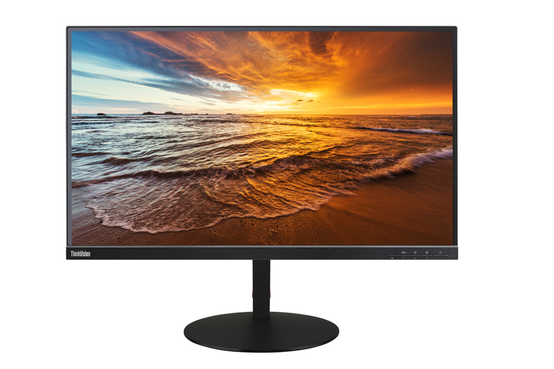Il monitor Lenovo ThinkVision mostra una scena del tramonto. Sfondo bianco.