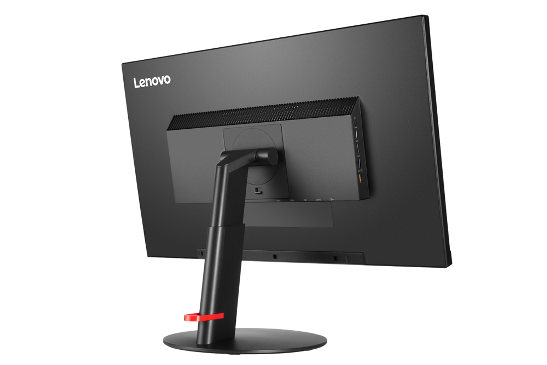Vista posteriore di un monitor Lenovo nero con supporto e accento rosso. Isolato su bianco.