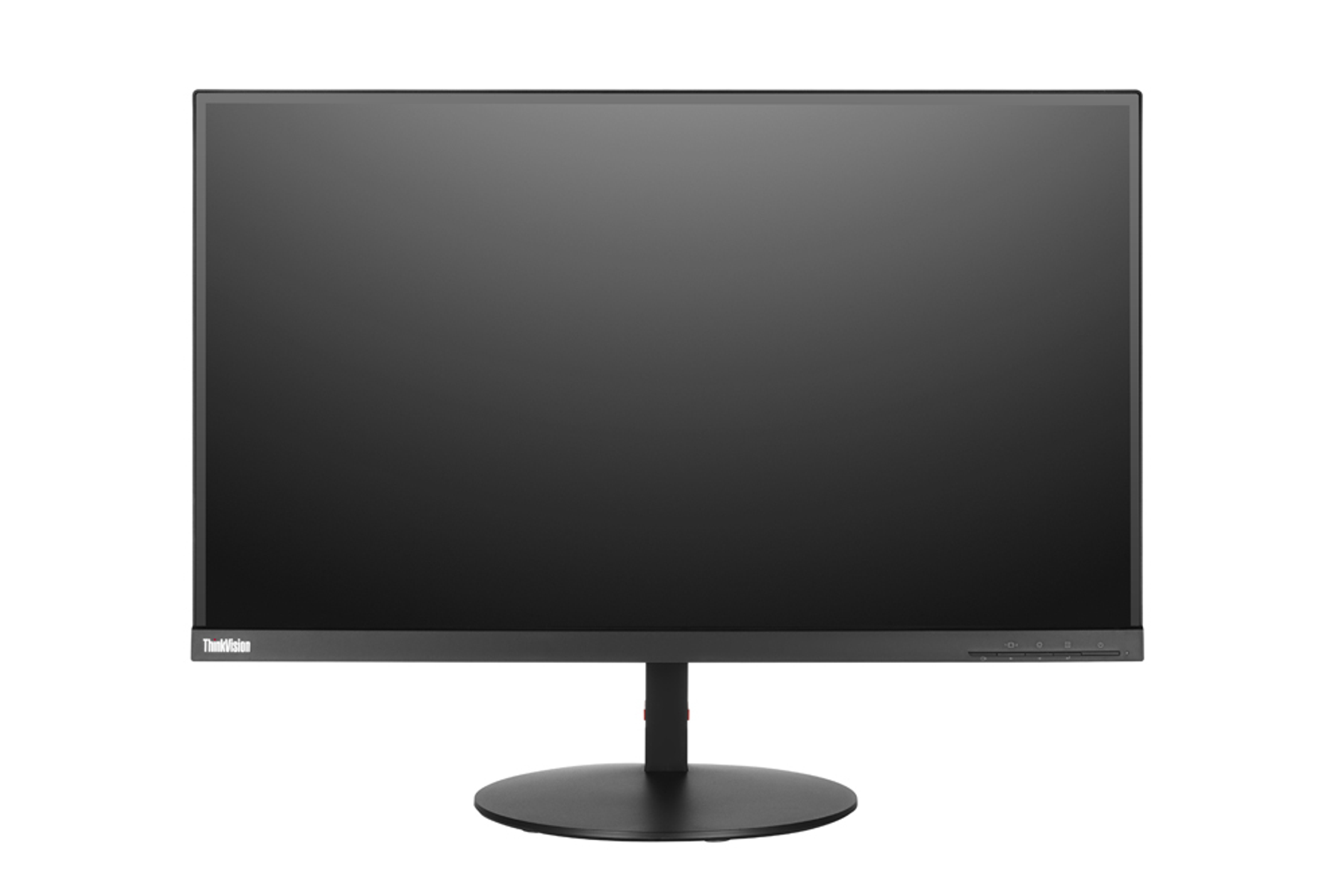 Monitor ThinkVision nero su sfondo bianco. Schermo nero e piccolo supporto.