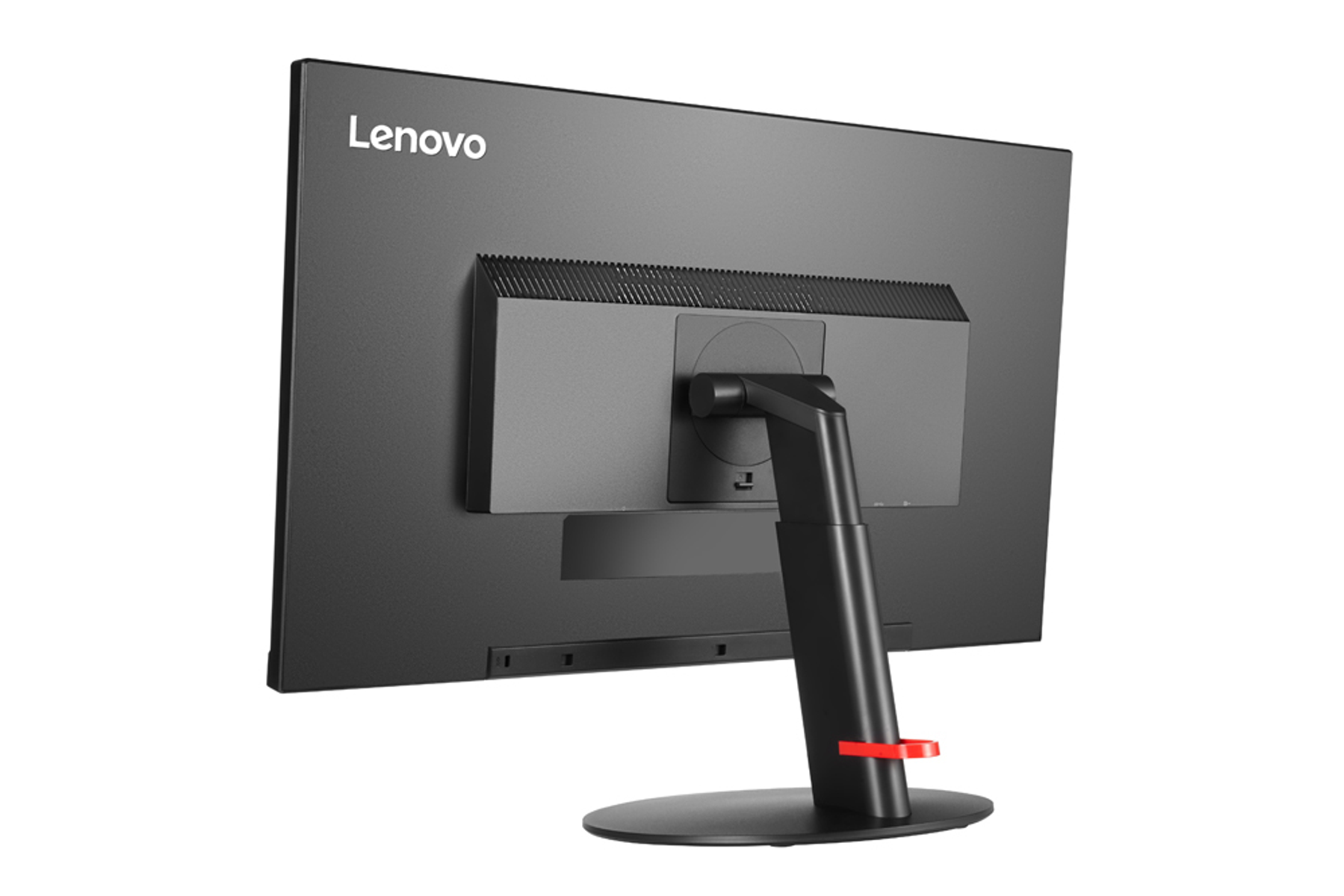 Vista posteriore di un monitor Lenovo nero. Un pezzo rosso è sul supporto. Sfondo bianco.