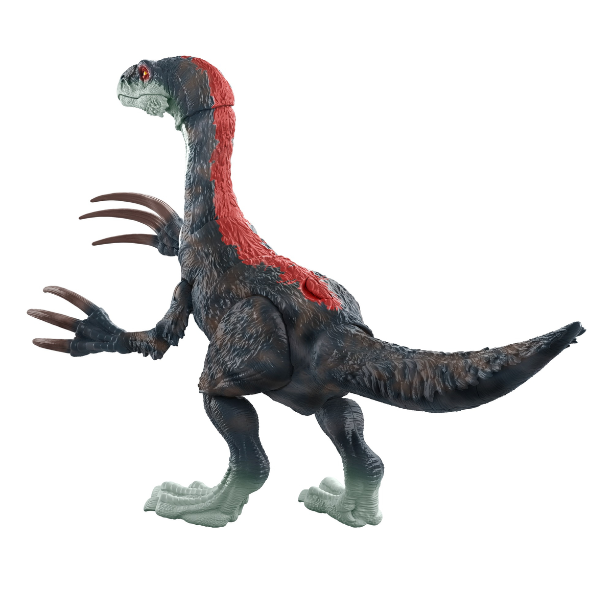 Un modello giocattolo di dinosauro di un Therizinosaurus, con lunghi artigli e una macchia rossa sul collo.