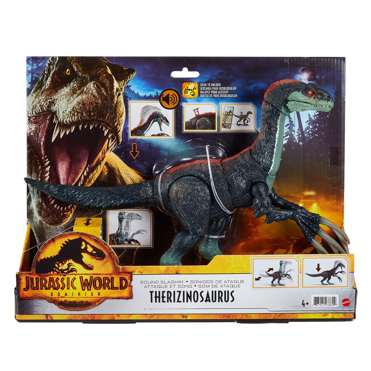 Giocattolo Therizinosaurus di Jurassic World in una scatola con grafica e testo.