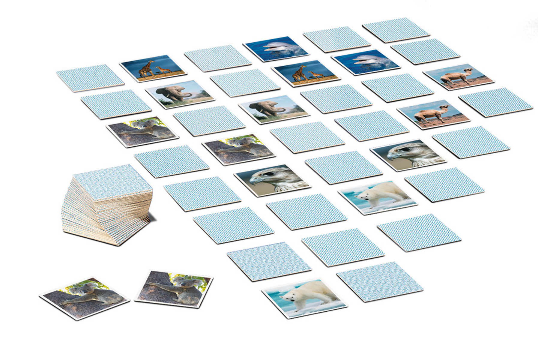Memory-Spiel: Karten mit Tierbildern. Stapel leerer Karten links.