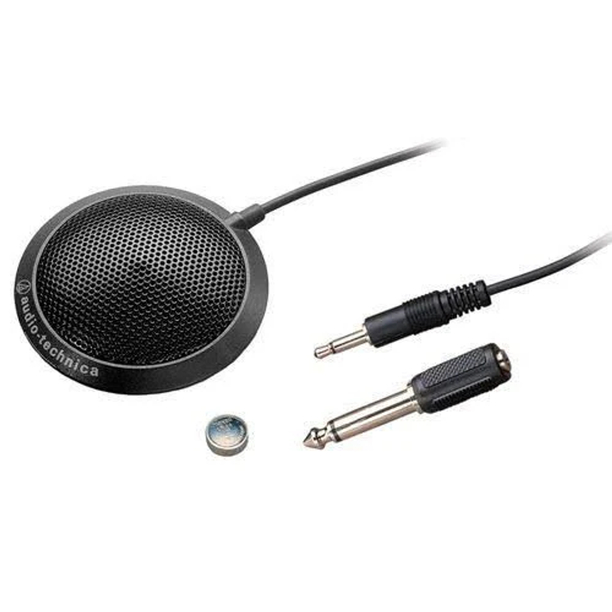 Schwarzes Mikrofon mit Kabel und zwei Steckern.