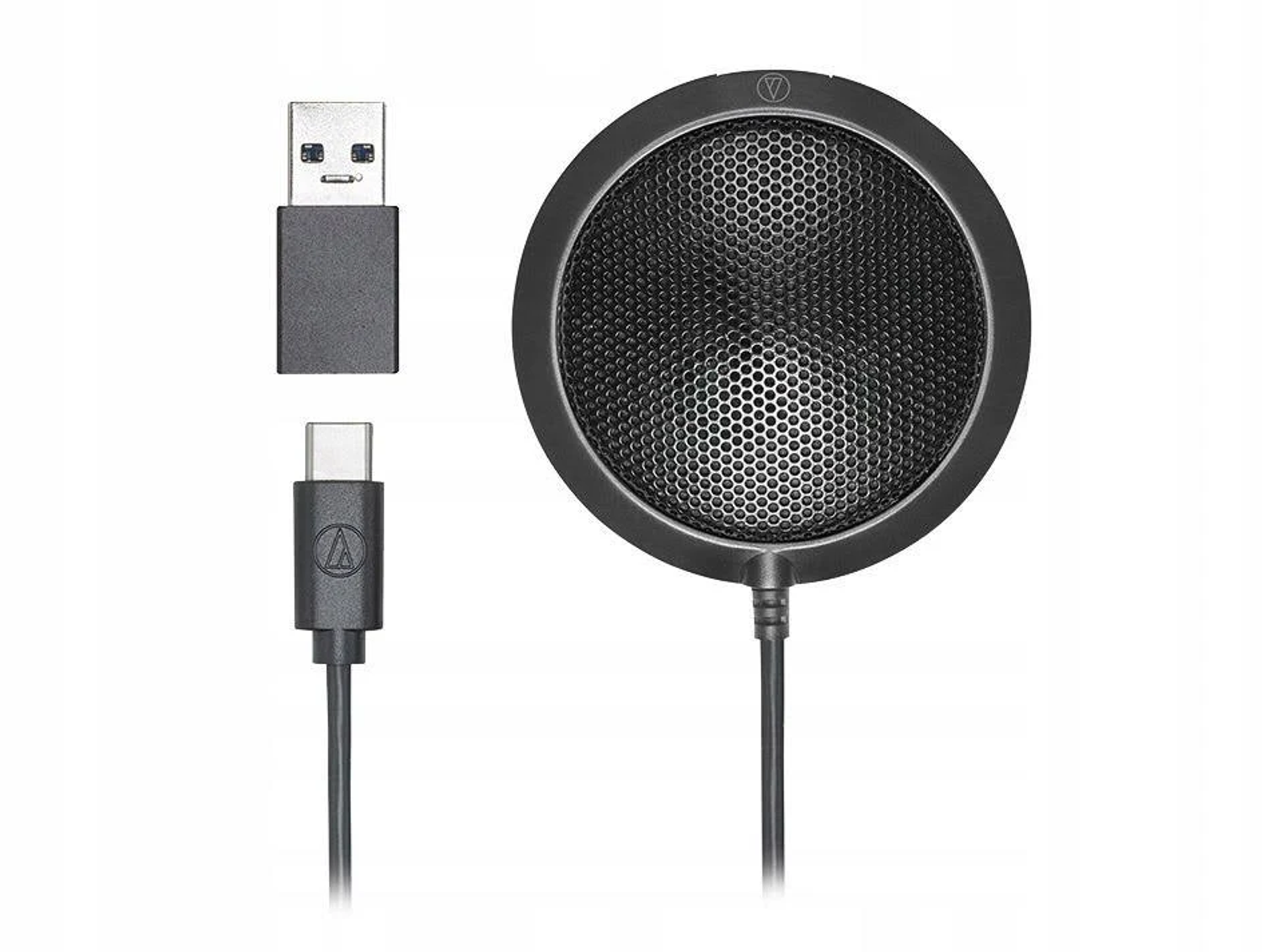 Schwarzes Mikrofon mit USB-A- und USB-C-Anschlüssen. Schwarzer Mesh-Kopf, mit Ständer.