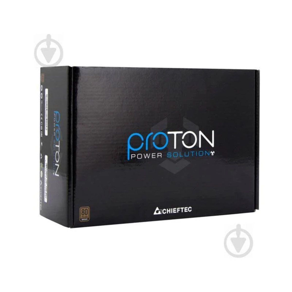 Czarne pudełko z tekstem 'PROTON POWER SOLUTION' i logo Chieftec na białym tle.