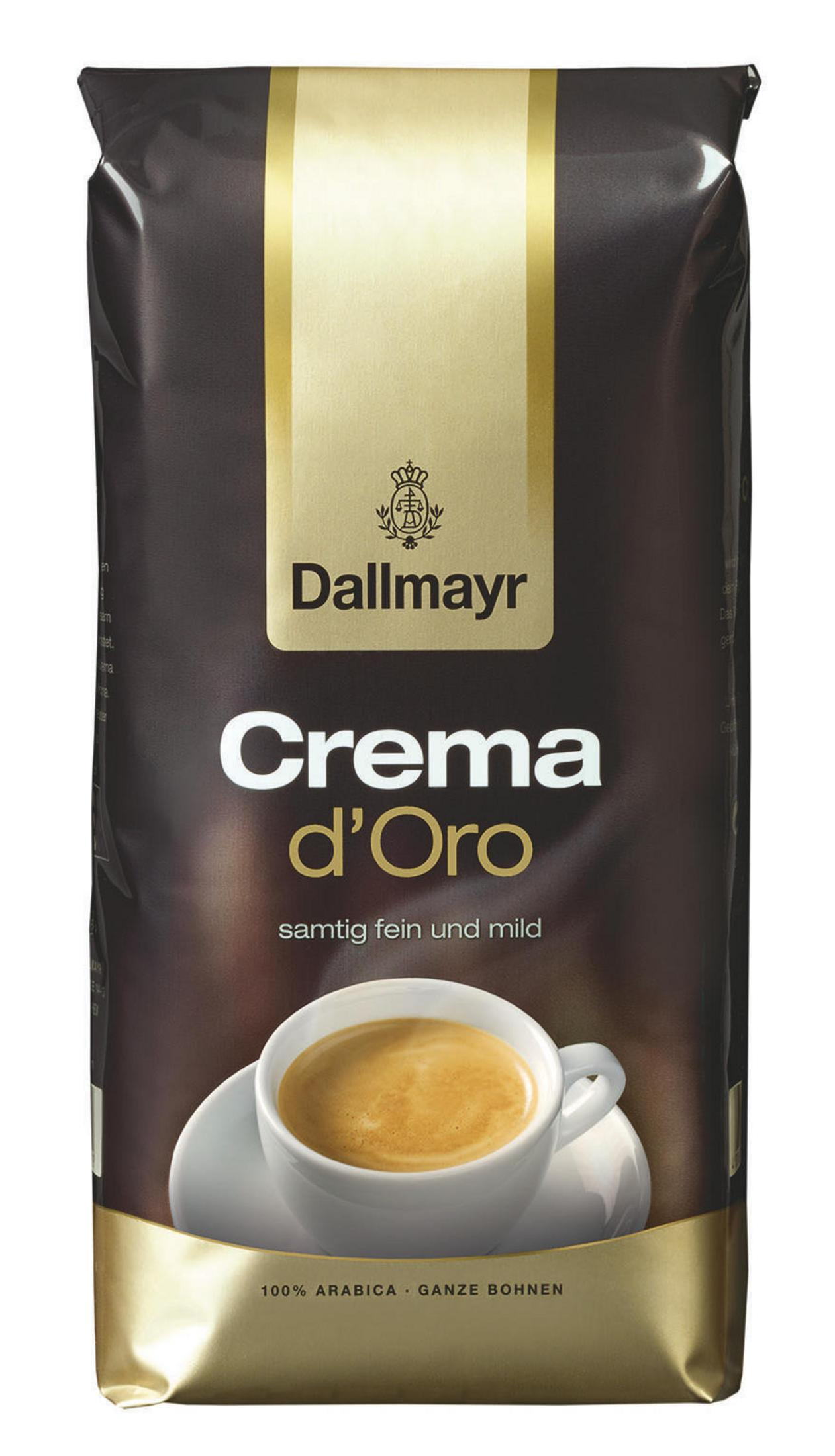 Kaffeepackung. Schwarz und Gold, Marke Dallmayr, mit Tassenbild. Text: Crema d'Oro.