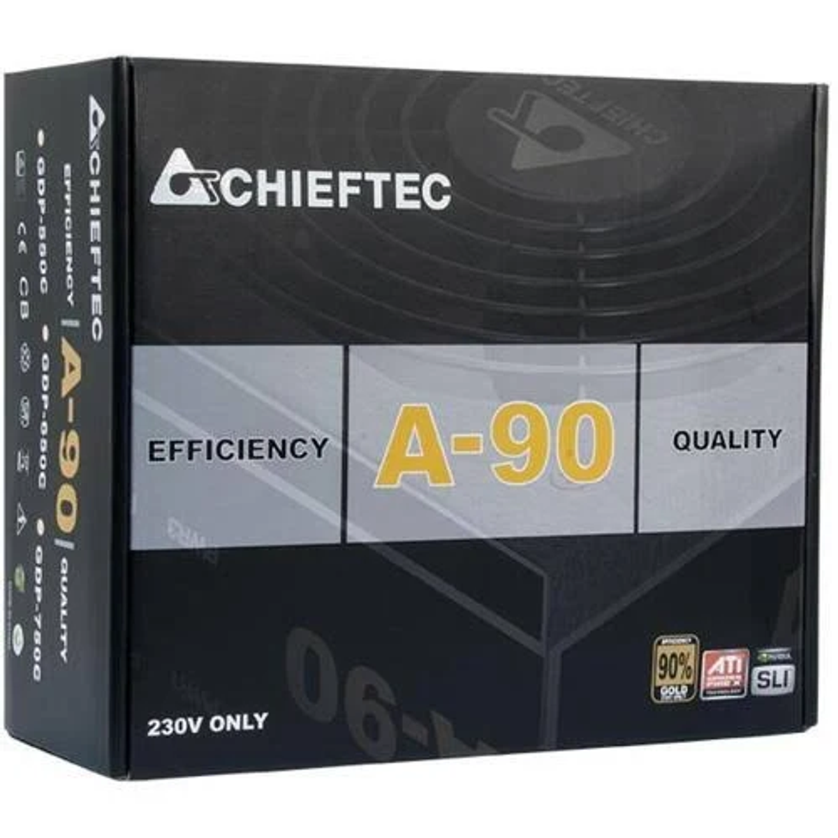 Scatola bianca e nera. Logo 'CHIEFTEC' e testo 'A-90'. La scatola indica efficienza e qualità.