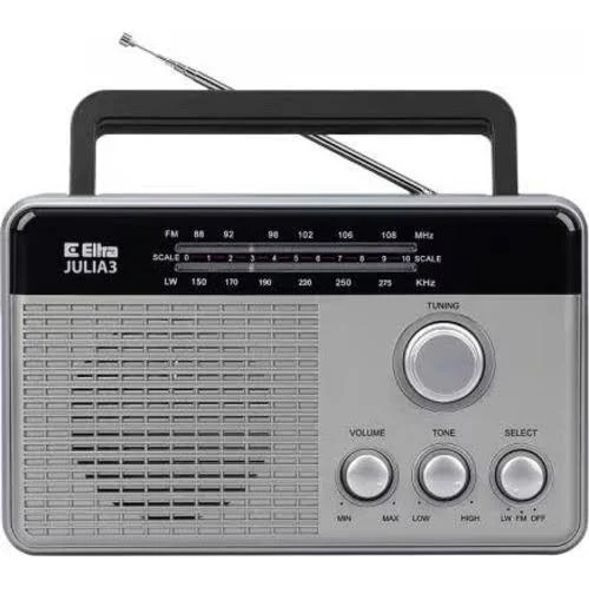 Radio retrò argento e grigio con manopole di sintonizzazione e maniglia. Ha una griglia per altoparlanti e un'antenna.