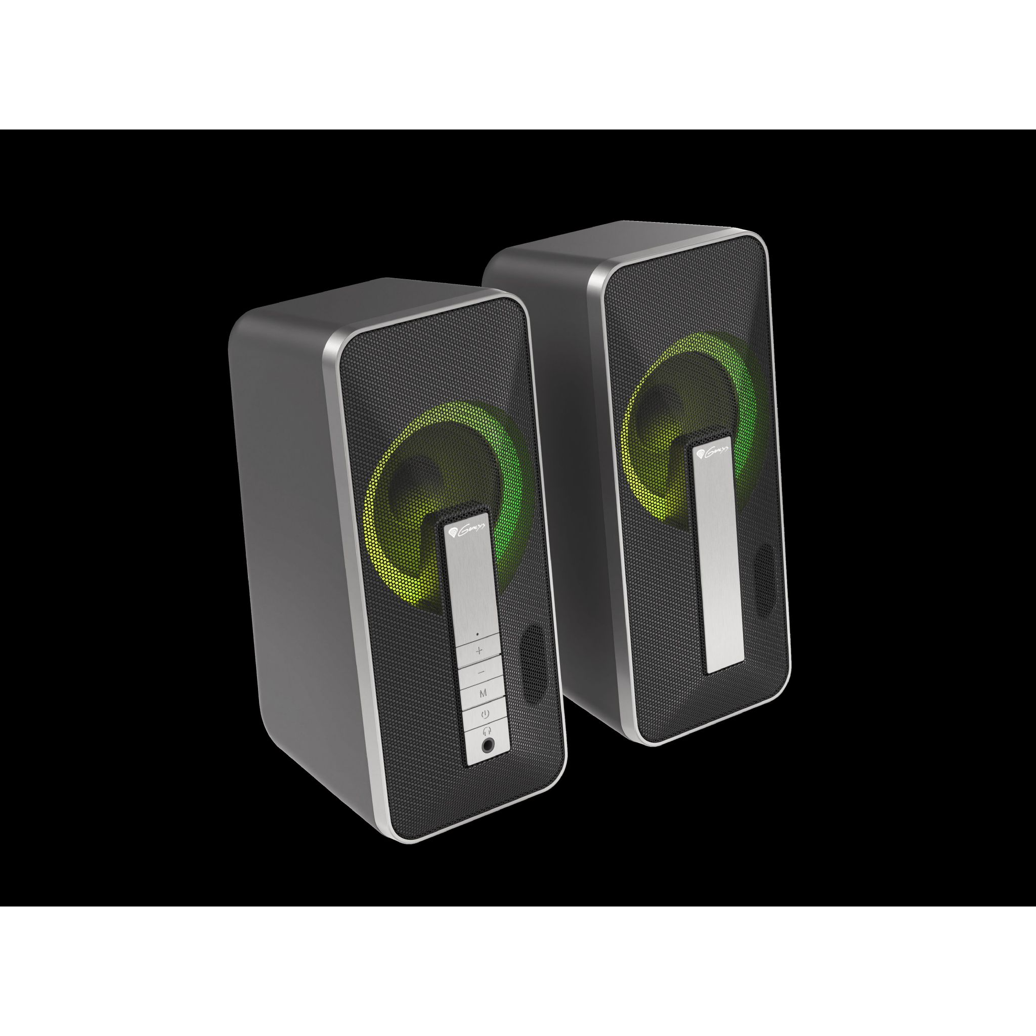 Zwei graue Genesis-Computerlautsprecher mit schwarzem Hintergrund. Die Lautsprecher haben eine silberne Front und grüne Lichter.