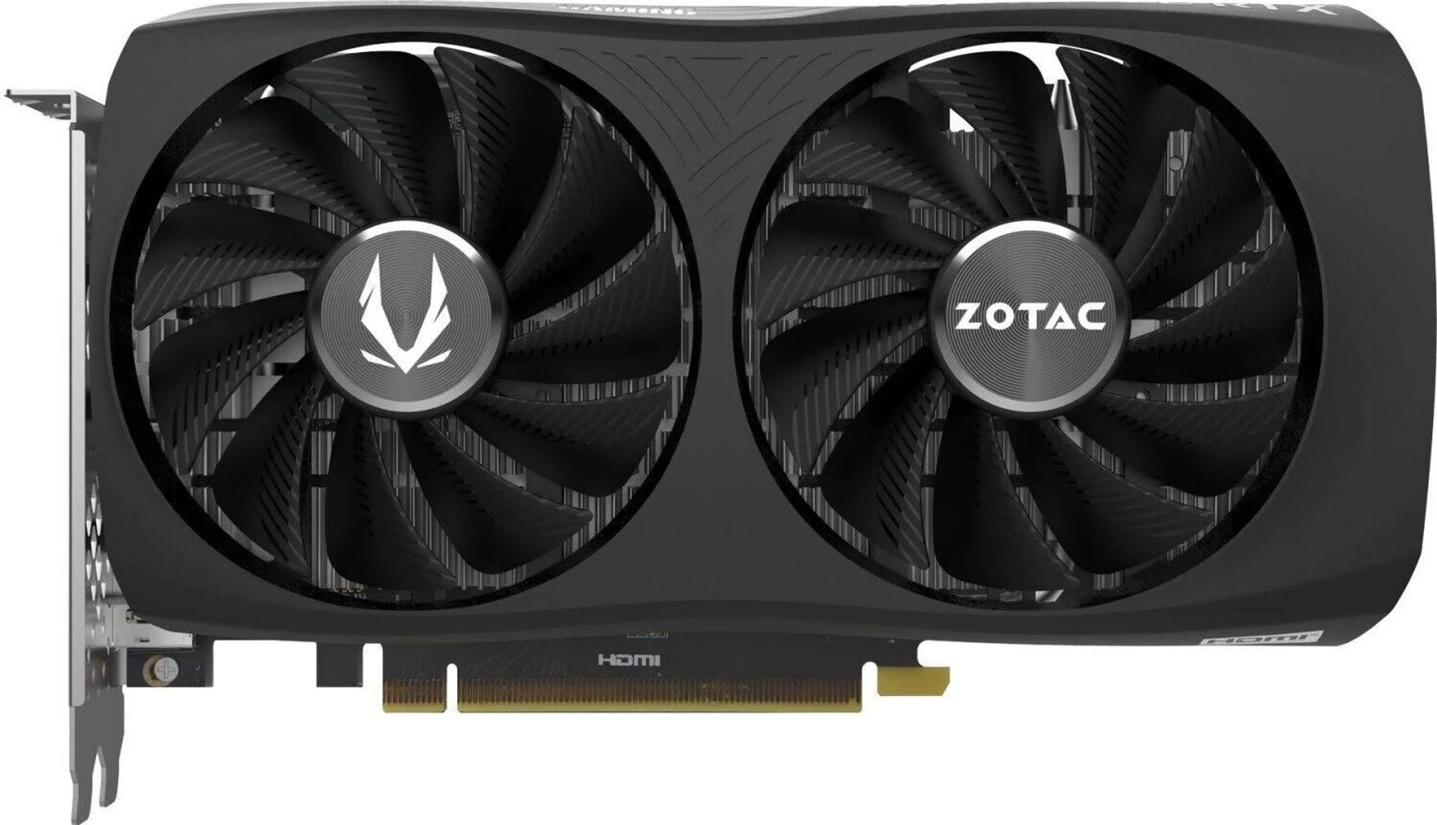 Scheda video Zotac nera. Due grandi ventole, logo argentato e varie porte.