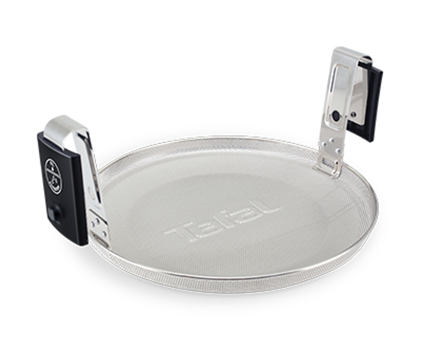 Srebrna osłona przeciw rozpryskom do patelni. Ma siatkową konstrukcję z uchwytami po obu stronach.