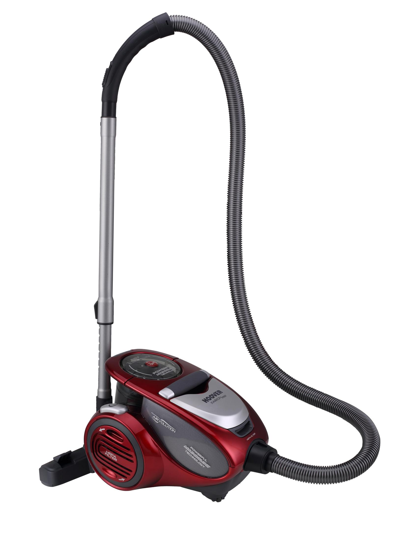 Aspiradora Hoover roja y plateada. También se ven una manguera flexible y un cabezal de limpieza.