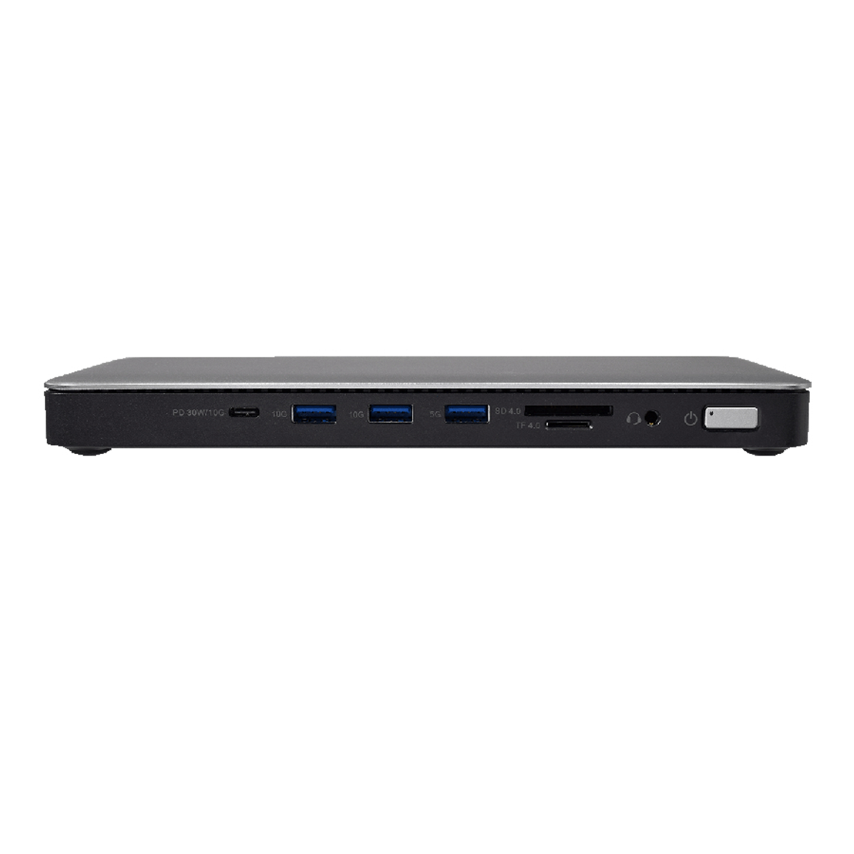 Hub per computer argento e nero con più porte USB e altre porte di connessione.