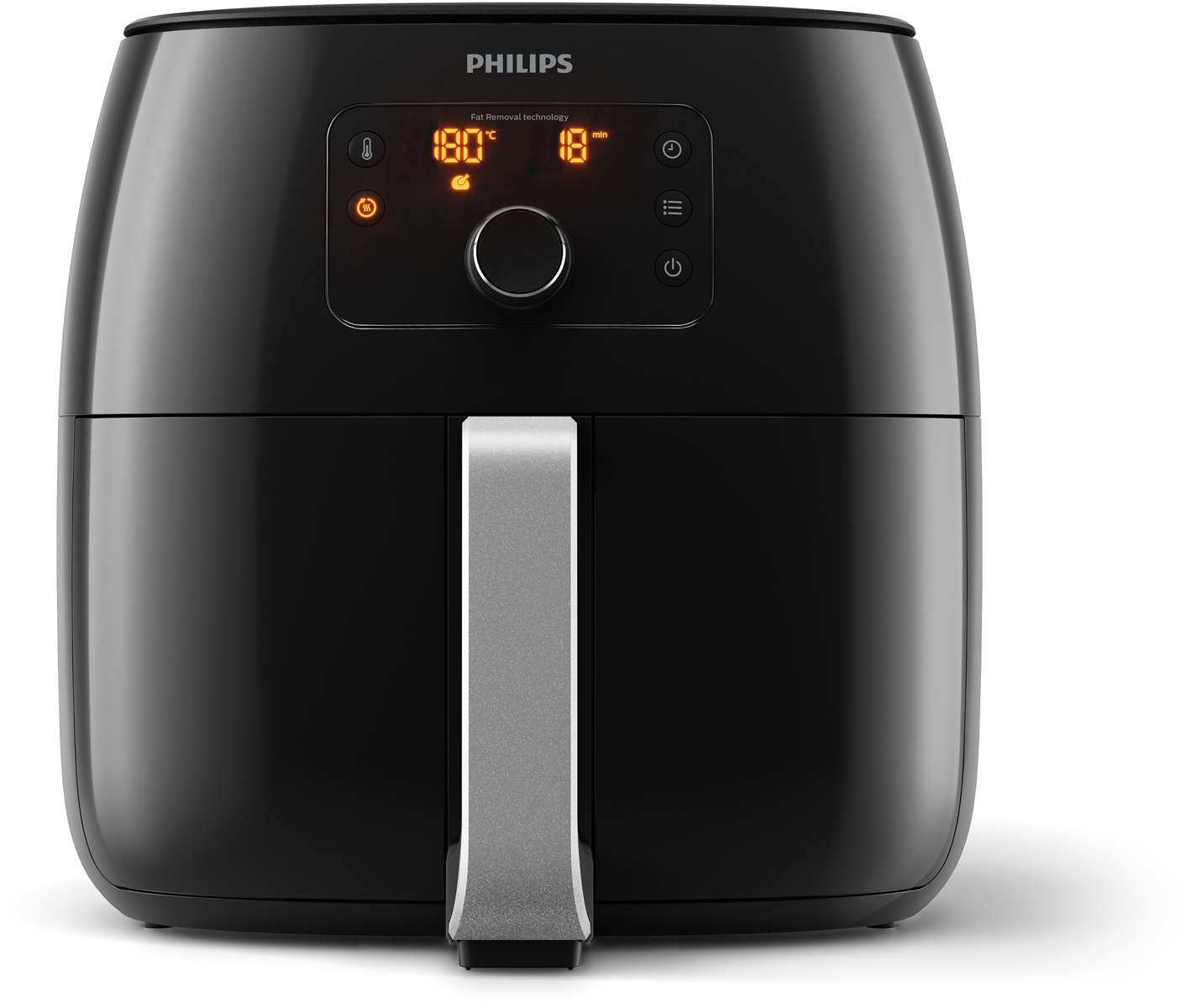 Friggitrice ad aria nera con manico e display digitale che mostra tempo e temperatura, su bianco.