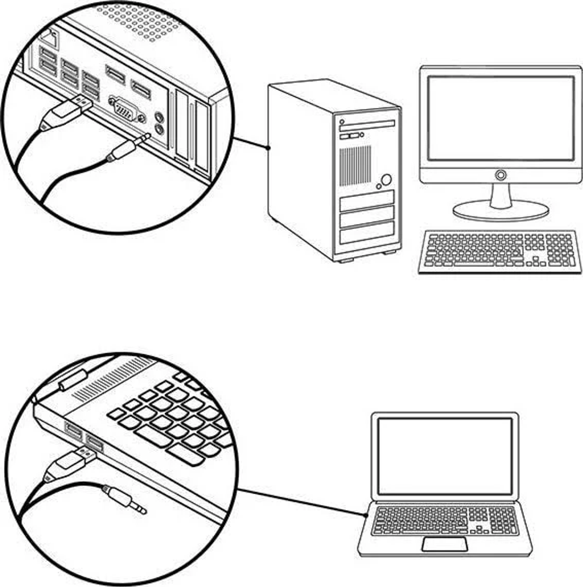 Diagramm, das Computer-/Laptop-Verbindungen zeigt: Monitor, CPU und Audiokabel.