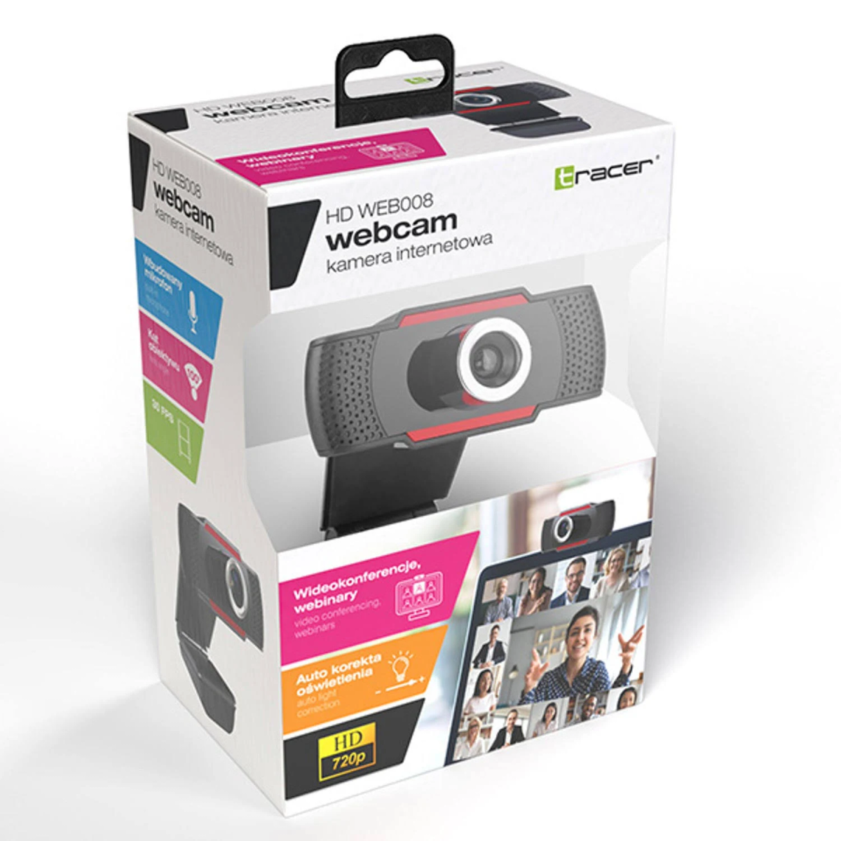 Webcam in einer Box. Sie zeigt die Webcam und einen Bildschirm mit Personen in einem Videoanruf.