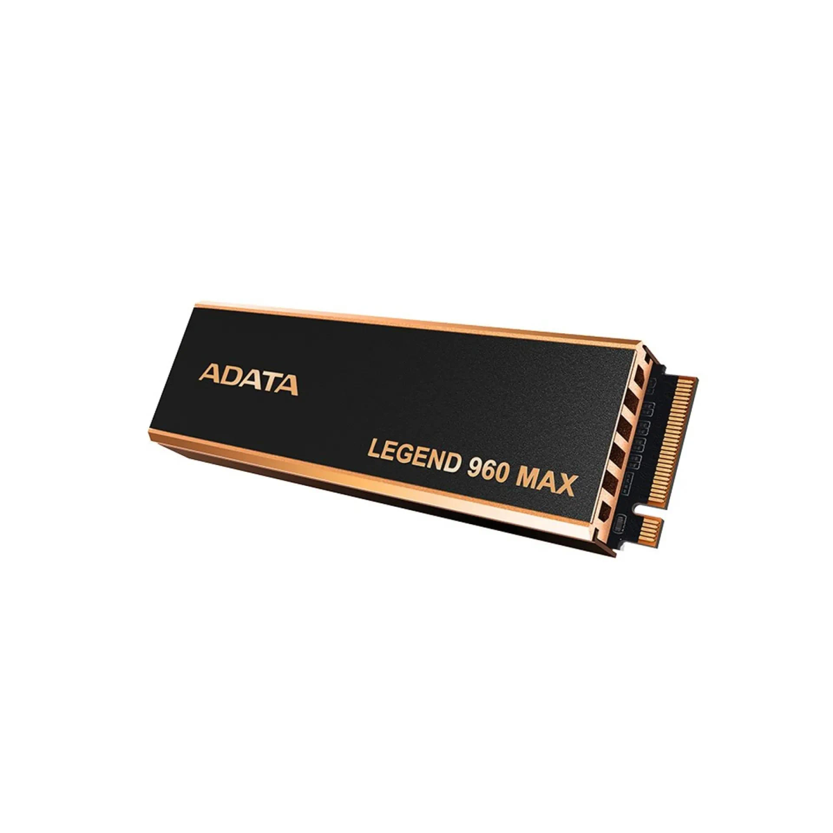 Czarny i złoty dysk SSD ADATA Legend 960 MAX. Tekst na przodzie. Urządzenie to dysk SSD.