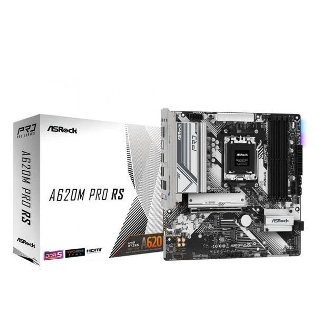 Caja blanca ASRock con placa base sobre fondo blanco.