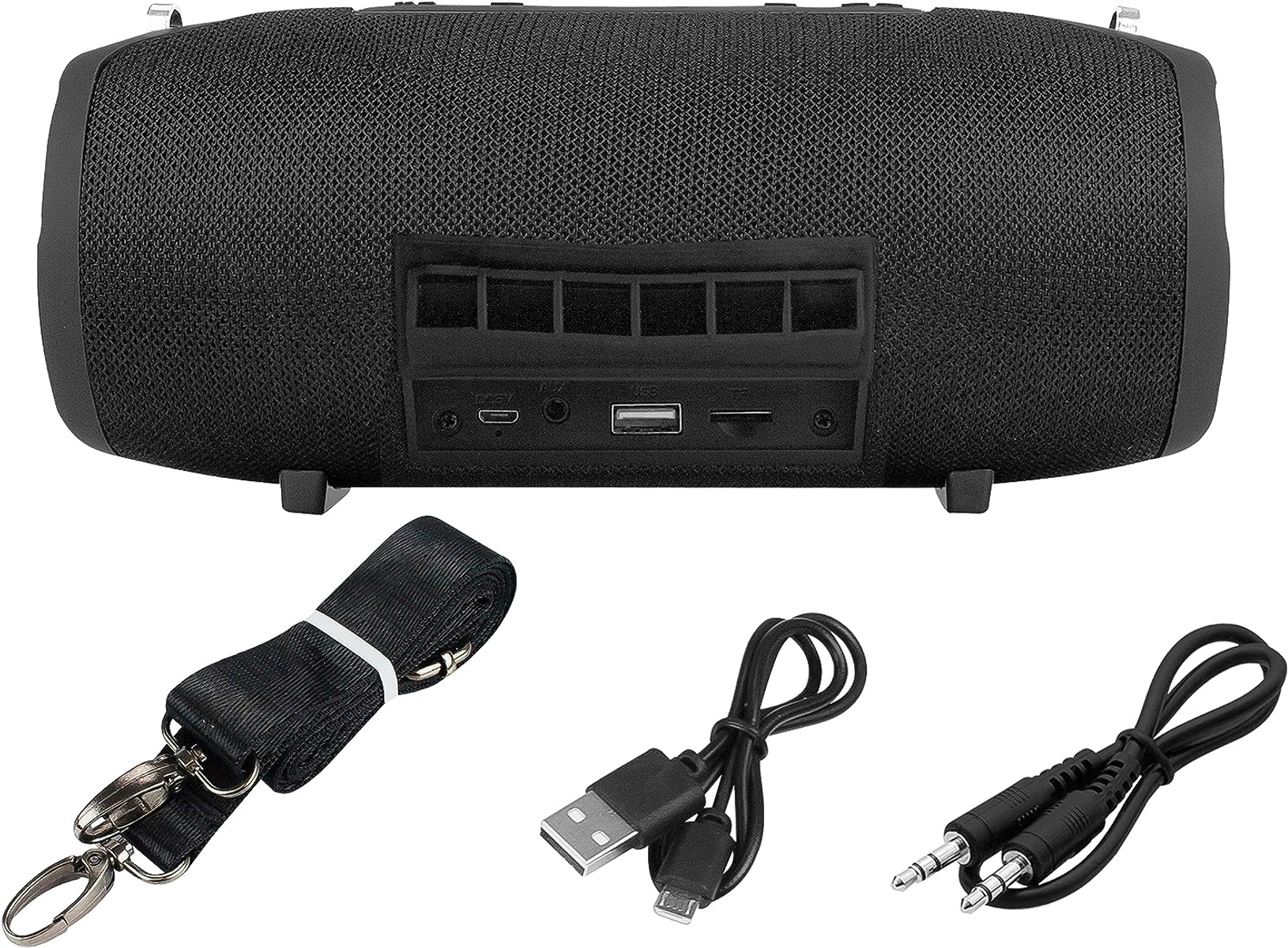 Schwarzer Lautsprecher mit Anschlüssen und Zubehör: Riemen, USB-Kabel, Audiokabel.
