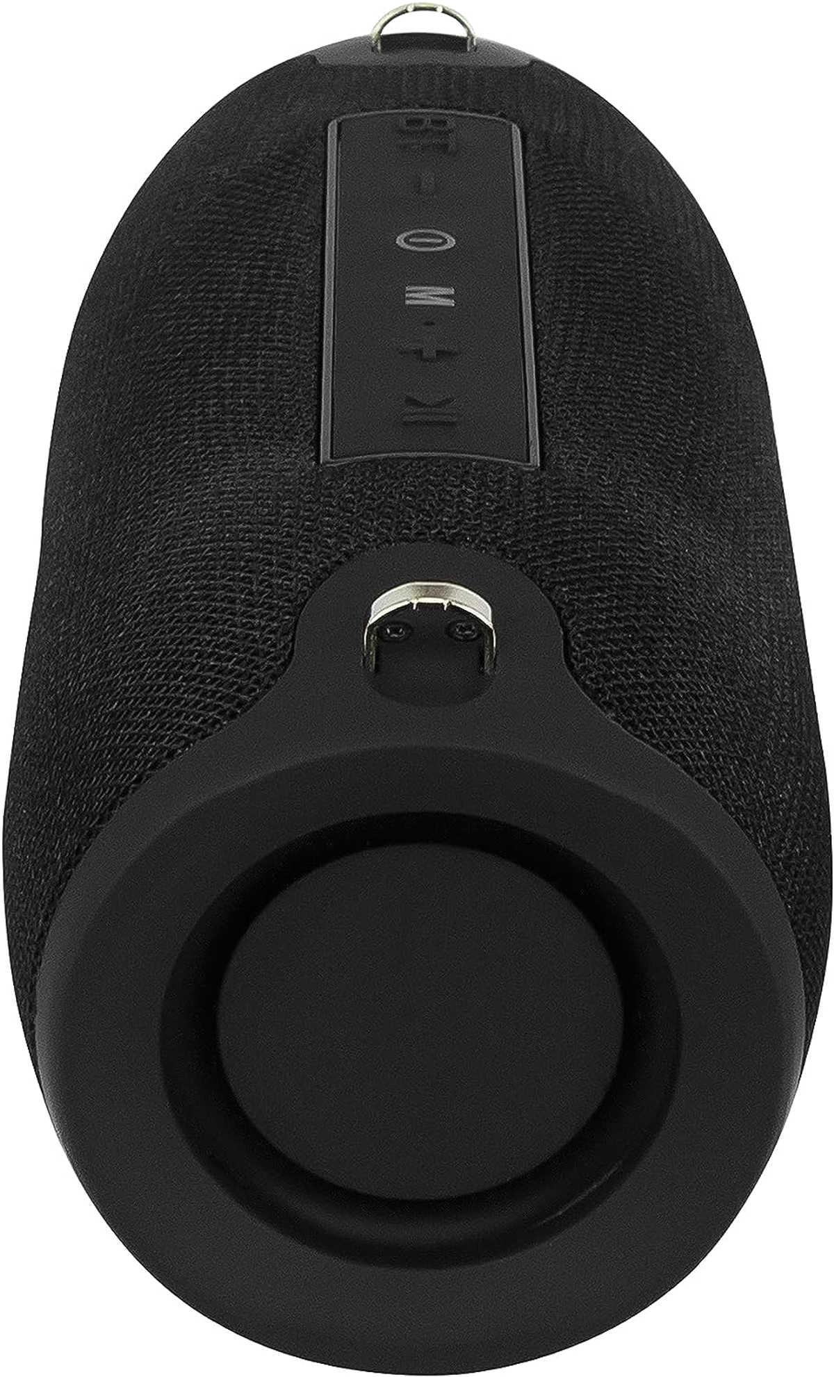 Schwarzer zylindrischer Bluetooth-Lautsprecher mit Steuertasten, Draufsicht.