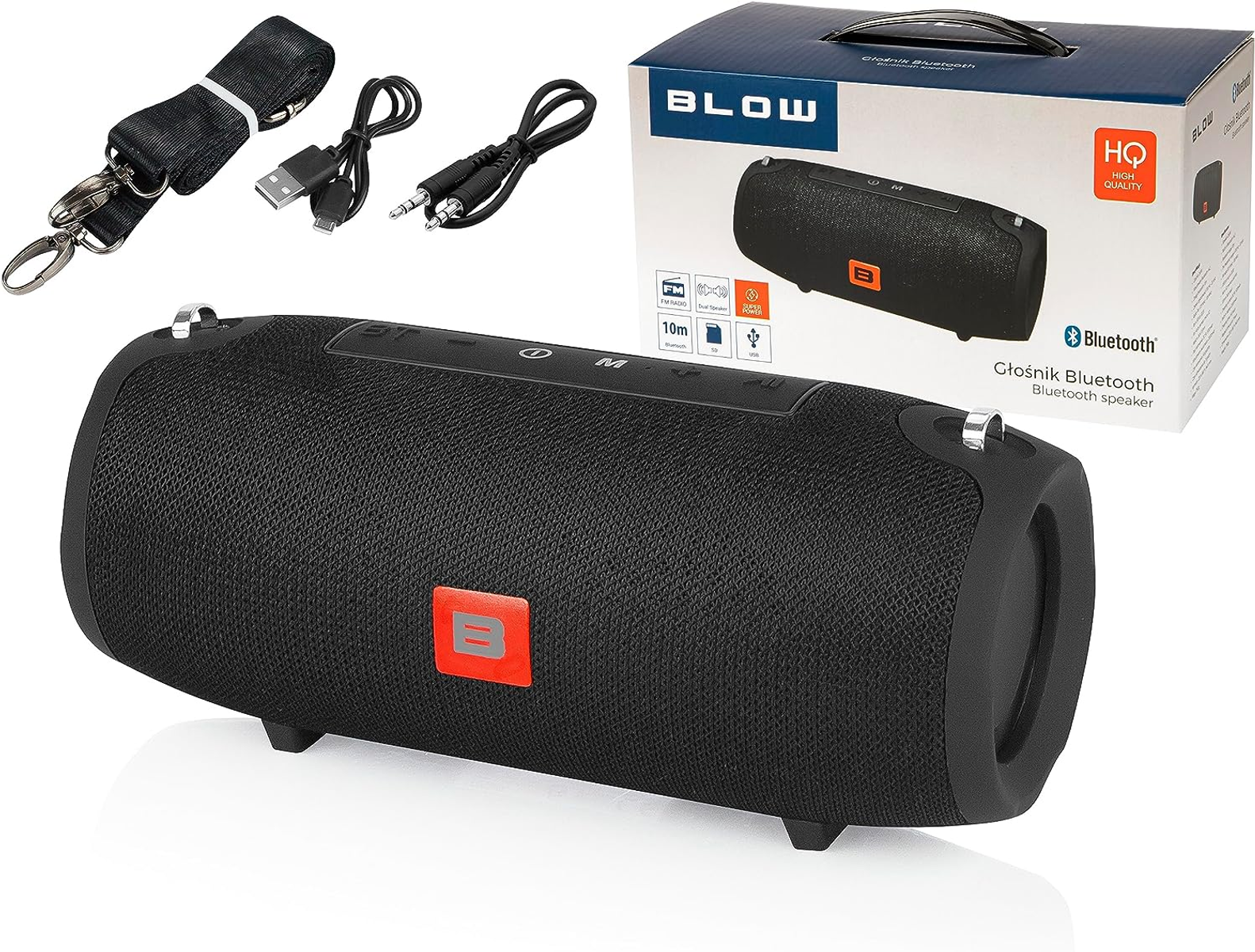 Ein schwarzer zylindrischer Bluetooth-Lautsprecher mit Zubehör. Die Box zeigt den Lautsprecher.