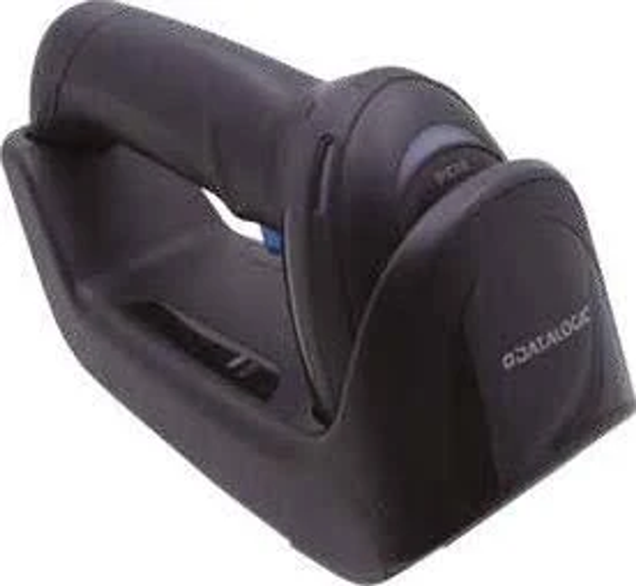 Ein schwarzer Barcode-Scanner auf seiner Ladestation, weißer Hintergrund.