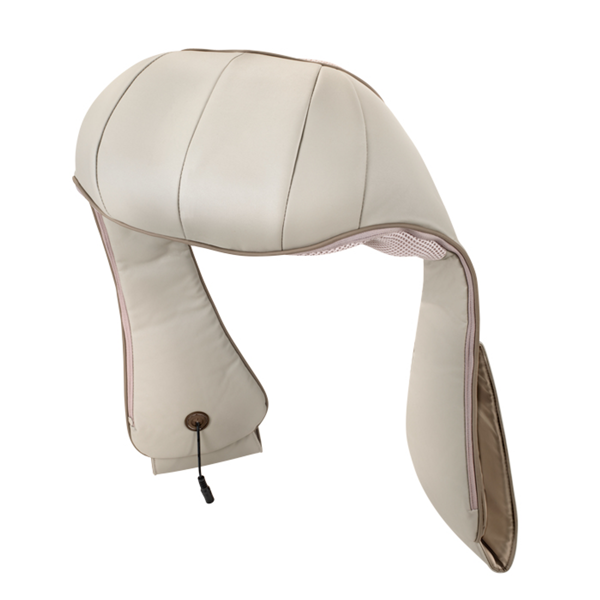 Dispositivo per massaggio al collo color crema. Forma curva con due alette laterali. Sfondo bianco.