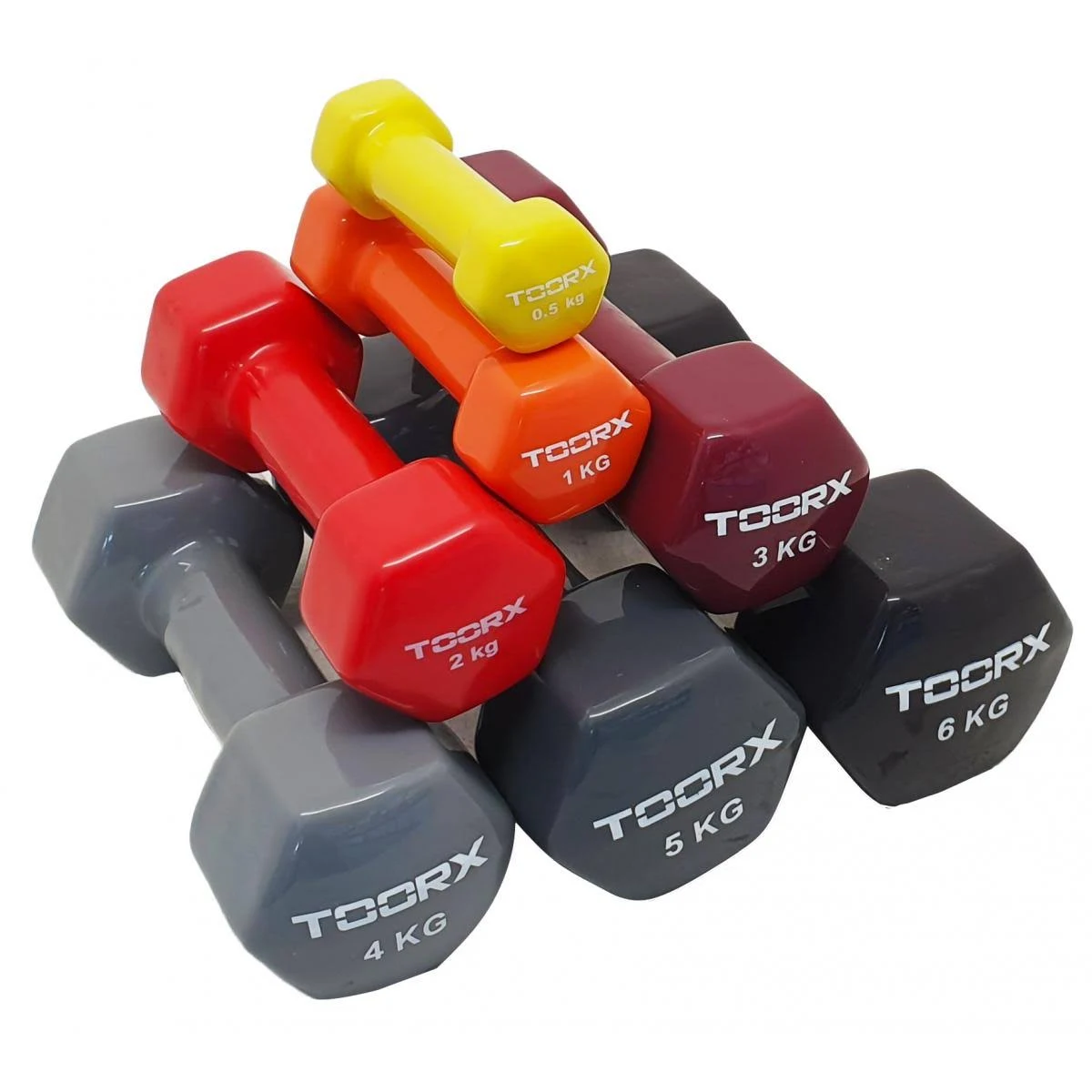 A stack of colorful dumbbells with weight labels: 0.5 kg, 1 kg, 2 kg, 3 kg, 4 kg, 5 kg, and 6 kg.