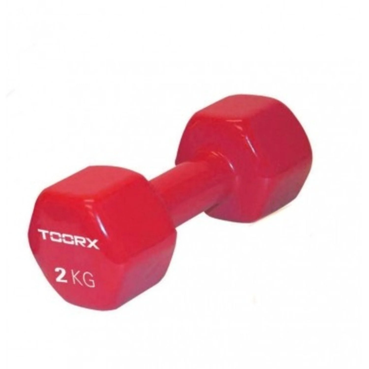 Red dumbbell. The text 'TOORX 2 KG' is written on it. White background.