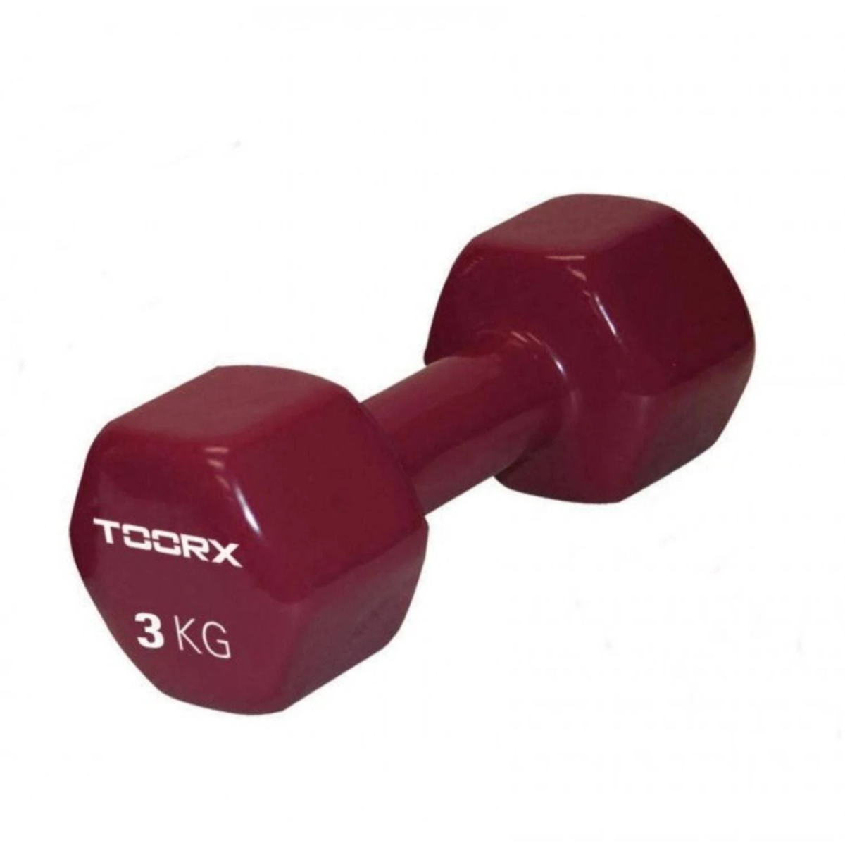Red dumbbell with a black handle and the text "TOORX 3 KG" on a white background.