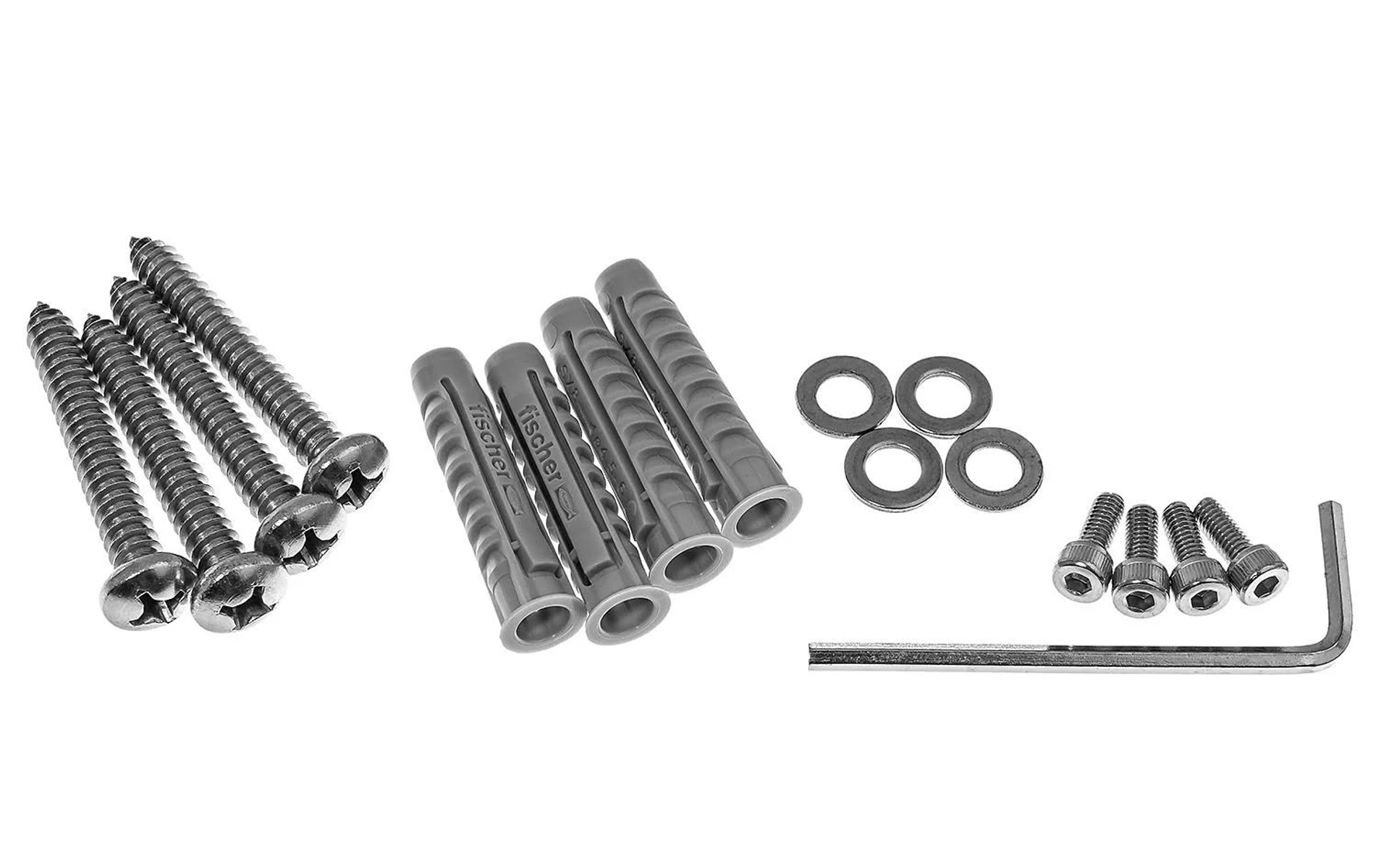 Hardware: Schrauben, Wanddübel, Unterlegscheiben und ein Inbusschlüssel, auf weißem Untergrund.