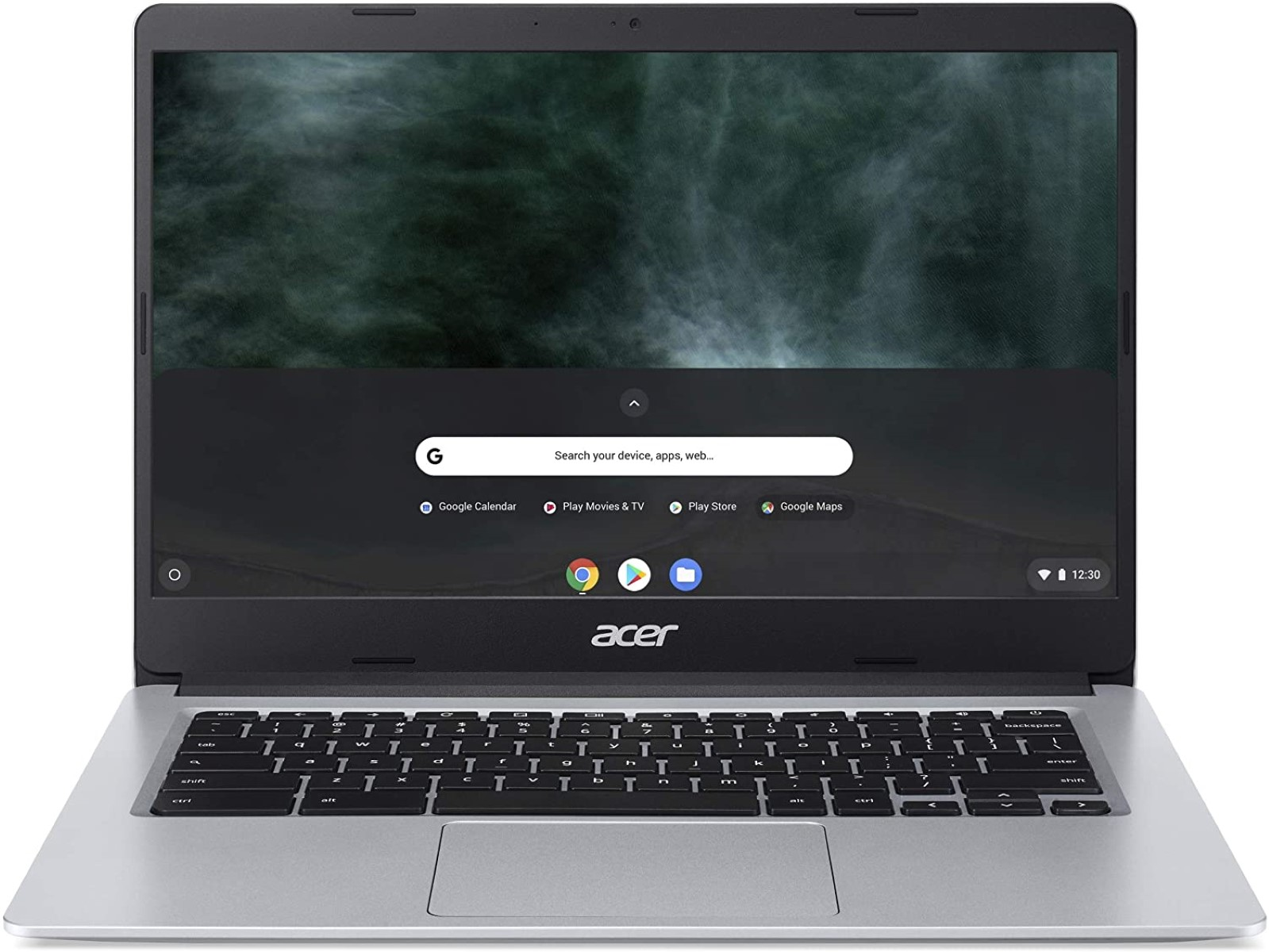 Silberner Laptop, geöffnet, mit Google-Suchleiste.