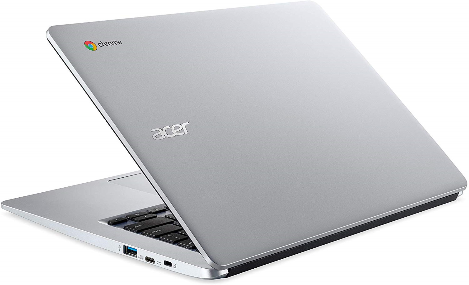 Silberner Acer Laptop mit Chrom-Logo, leicht geöffnet, zeigt Tastatur und Bildschirm, Schrägansicht.