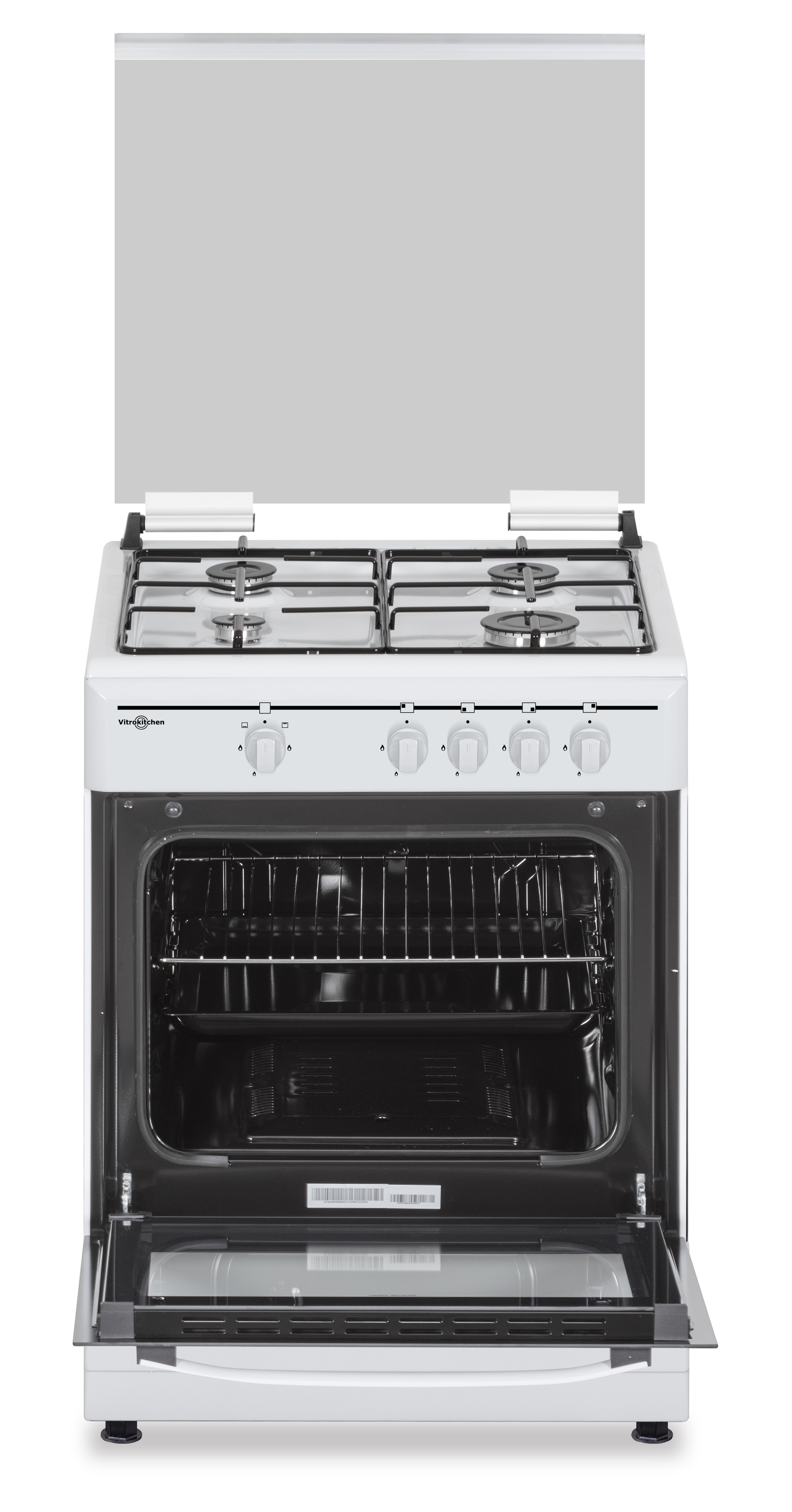 Cocina de gas blanca con puerta del horno abierta. Cuatro quemadores en la parte superior.