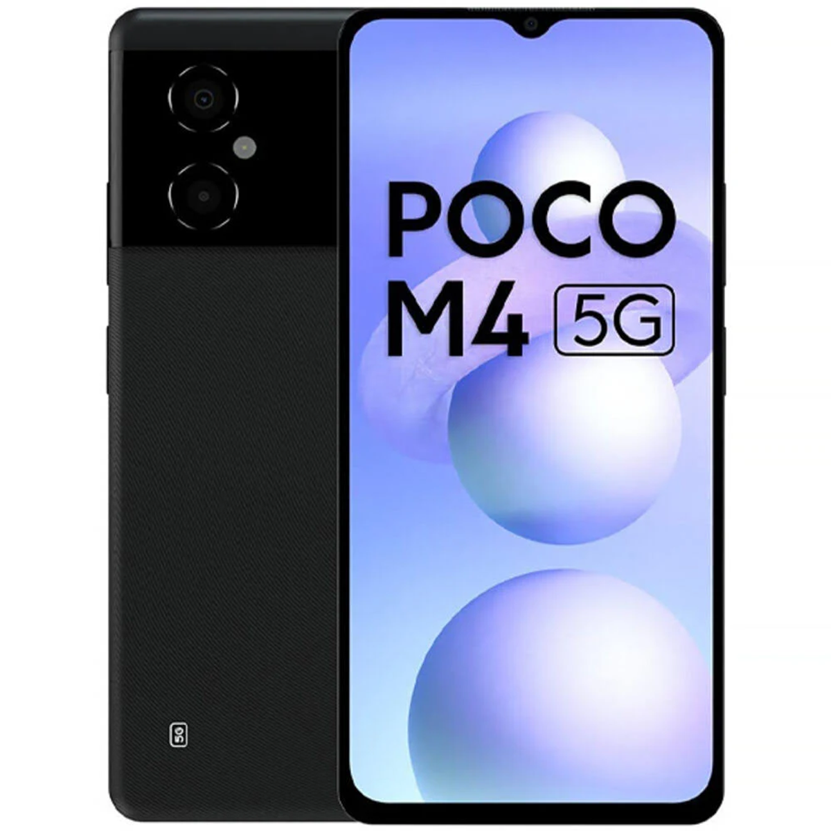 Teléfono negro y negro con el logotipo POCO M4 5G. Aislado sobre fondo blanco.