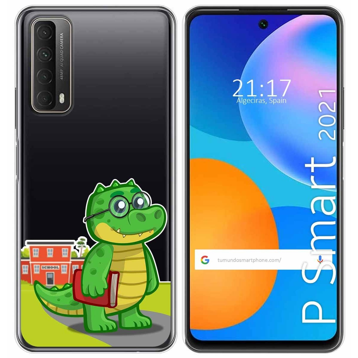 Funda de teléfono con un cocodrilo de dibujos animados con gafas. El teléfono muestra hora y ubicación.