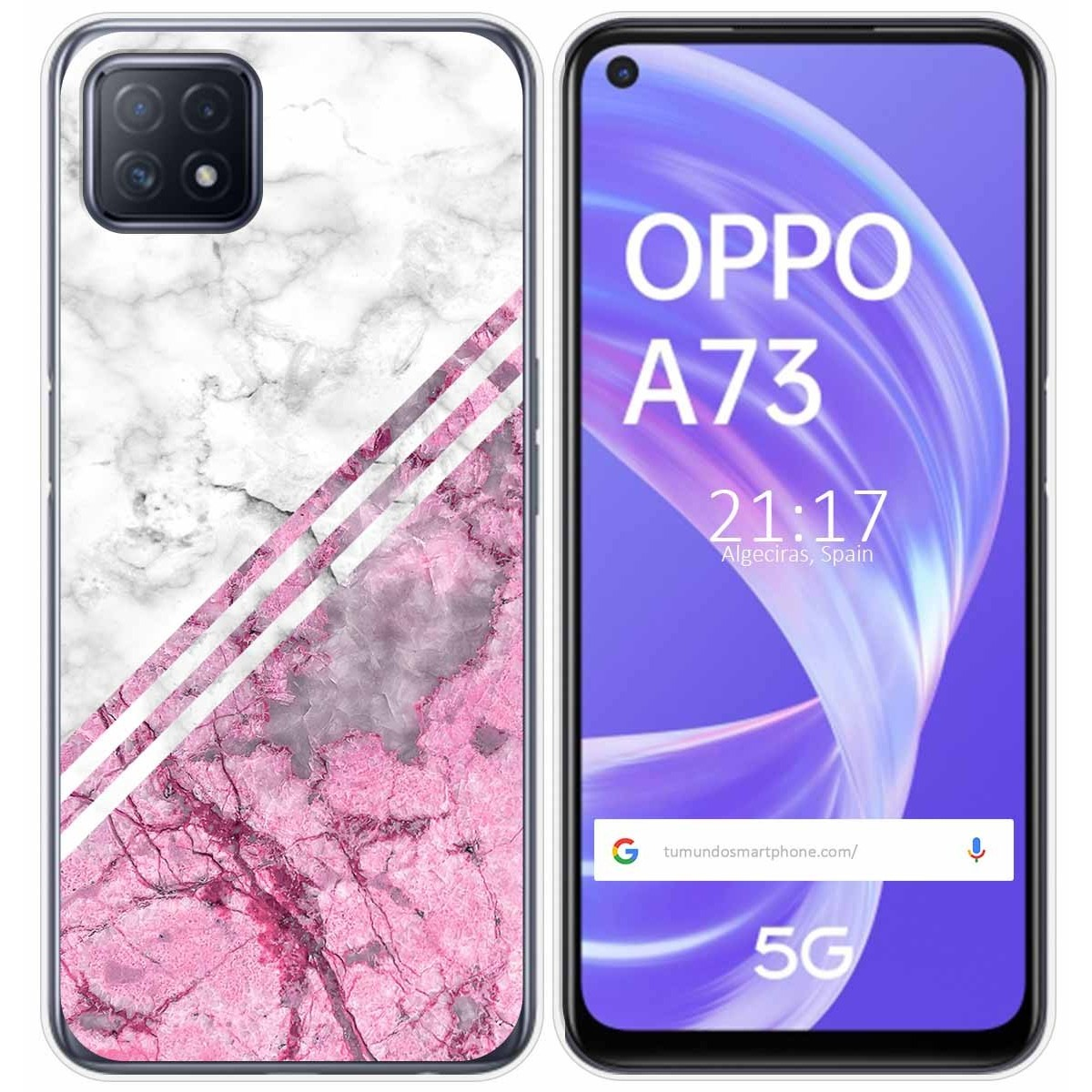 Una funda de teléfono con un diseño de mármol rosa y blanco. La pantalla muestra un diseño rosa y morado.