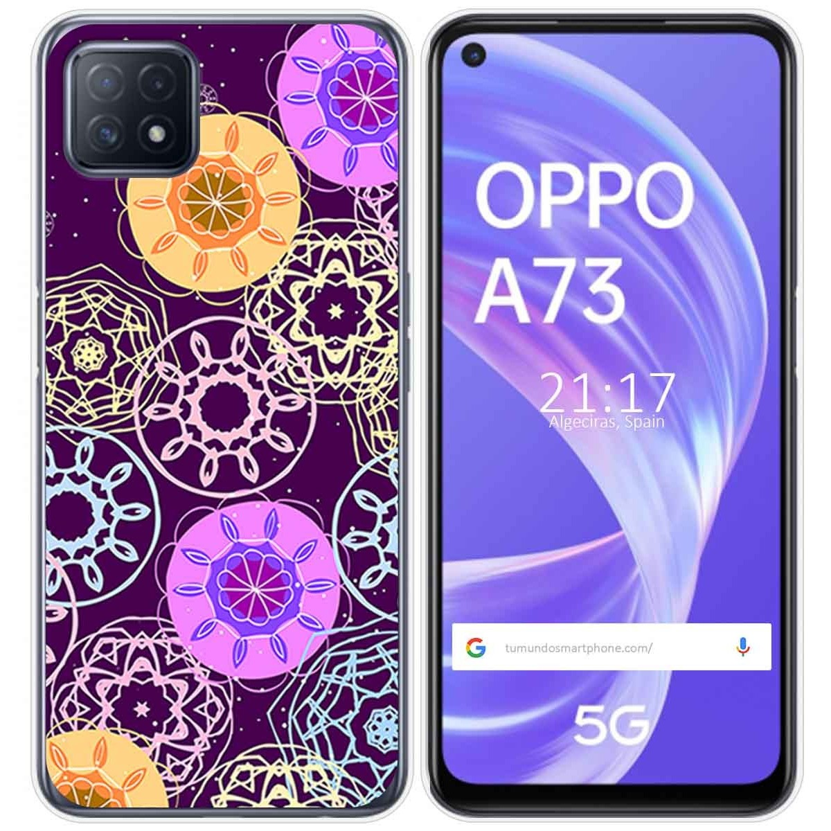 Funda de teléfono con fondo morado y diseño floral.
