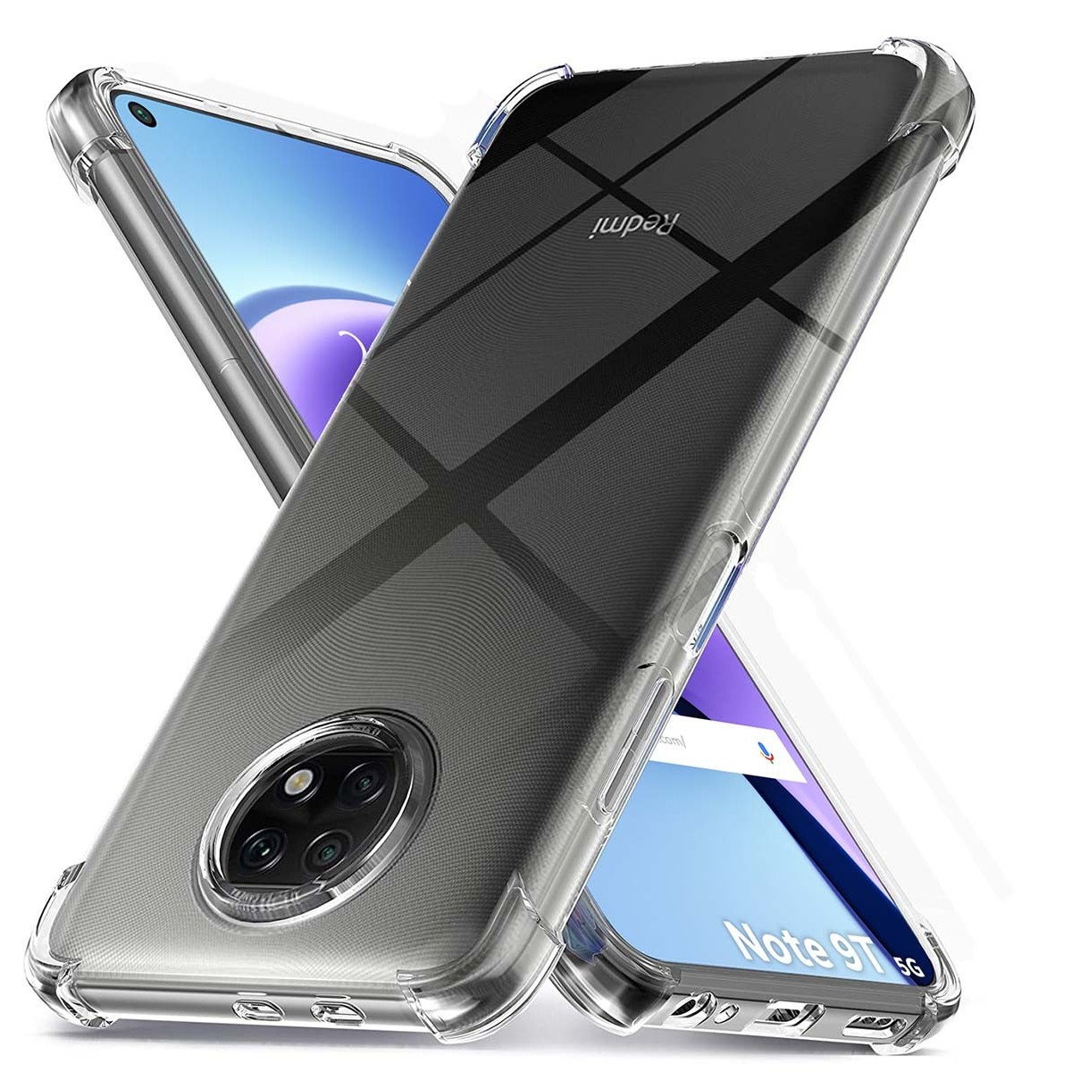 Due custodie trasparenti per telefono. Il telefono è un Redmi Note 9T 5G. Le custodie sono su sfondo bianco.