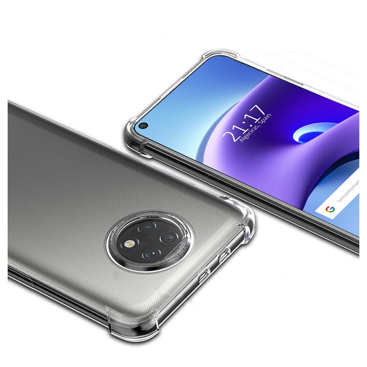 Una custodia per telefono con un design trasparente. Lo schermo mostra un'interfaccia e l'ora.