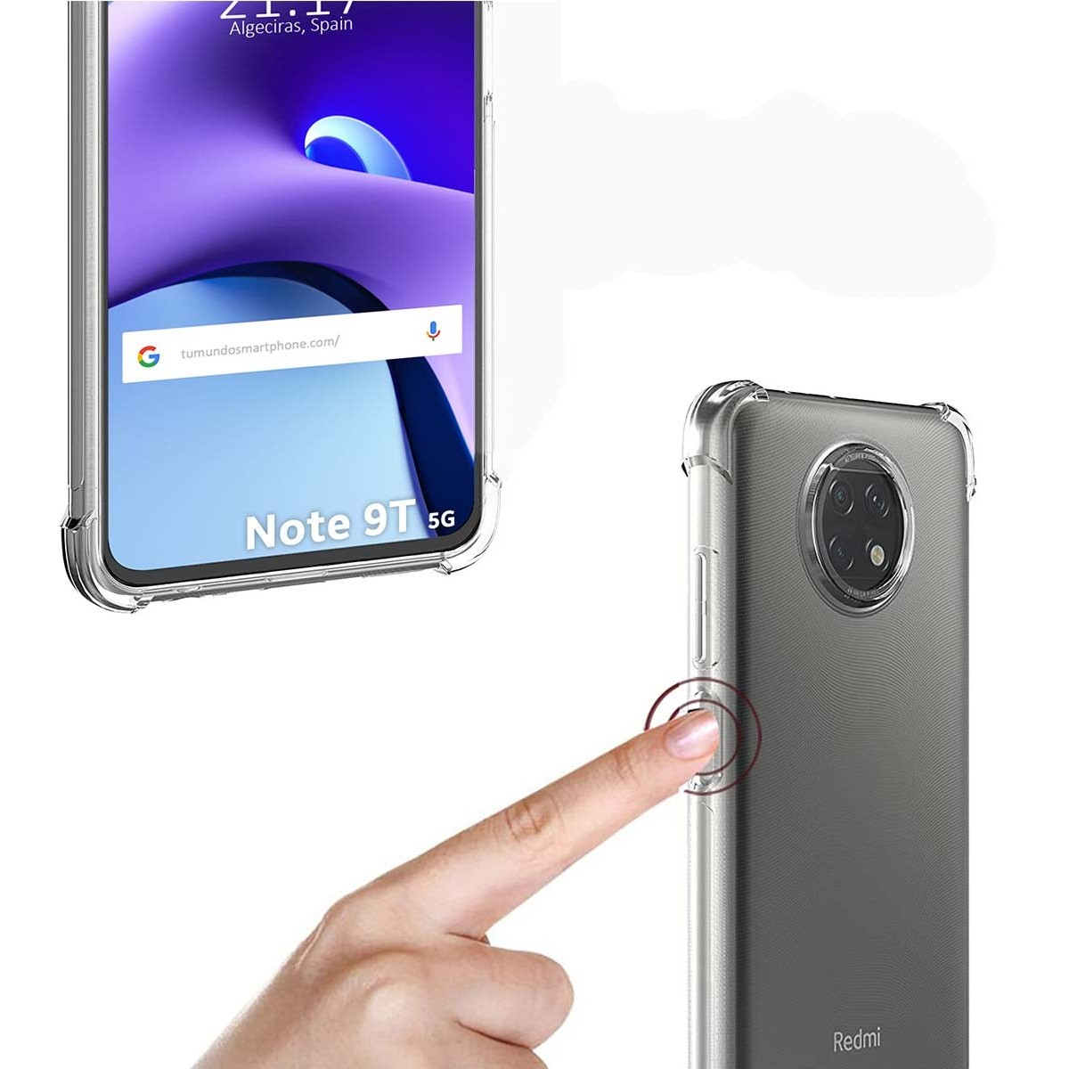 Il telefono e il dito della persona. La custodia è trasparente. Il telefono mostra un'immagine digitale. Testo: Note 9T 5G.
