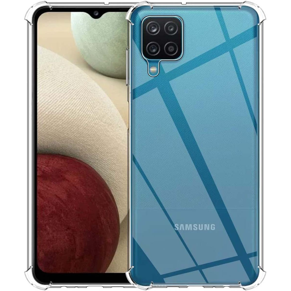 Una custodia per telefono con un design blu. Il telefono all'interno ha uno sfondo rosso e il logo Samsung.