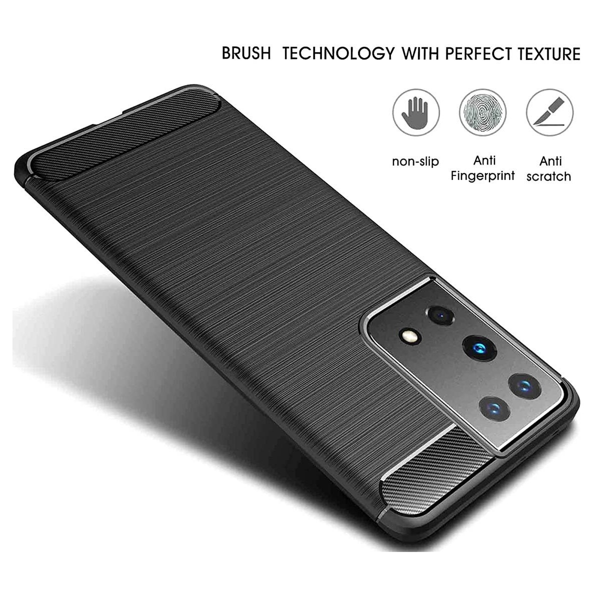 Una custodia per telefono nera con superficie strutturata, che mostra una configurazione a tripla fotocamera.