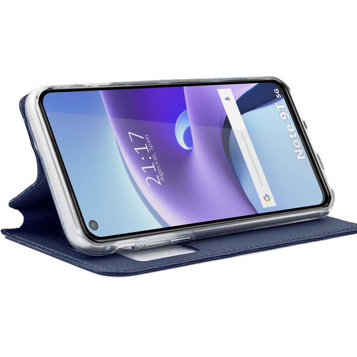 Un telefono in una custodia blu che mostra l'ora, con una cover blu aperta.
