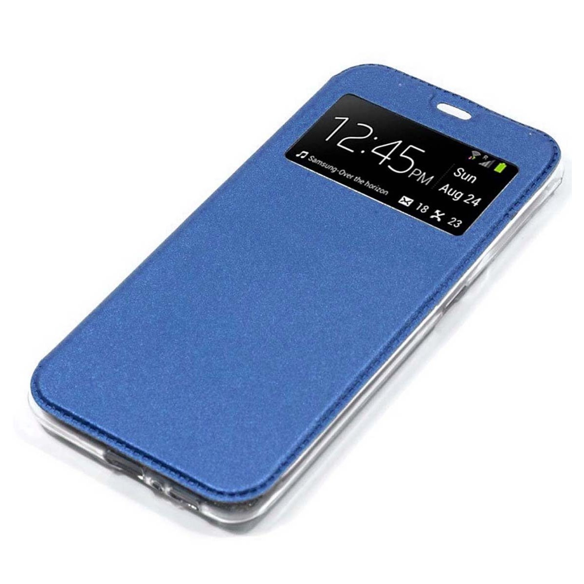 Una custodia per telefono blu con uno schermo che mostra l'ora e la data.