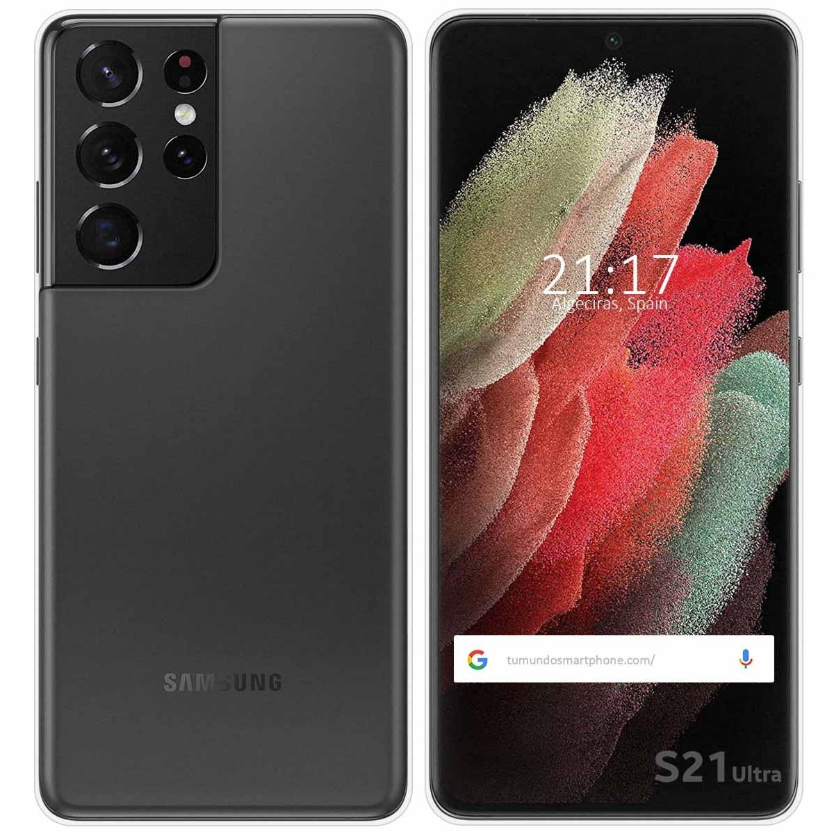 Un teléfono negro con múltiples cámaras traseras y una pantalla que muestra un diseño colorido y la hora.