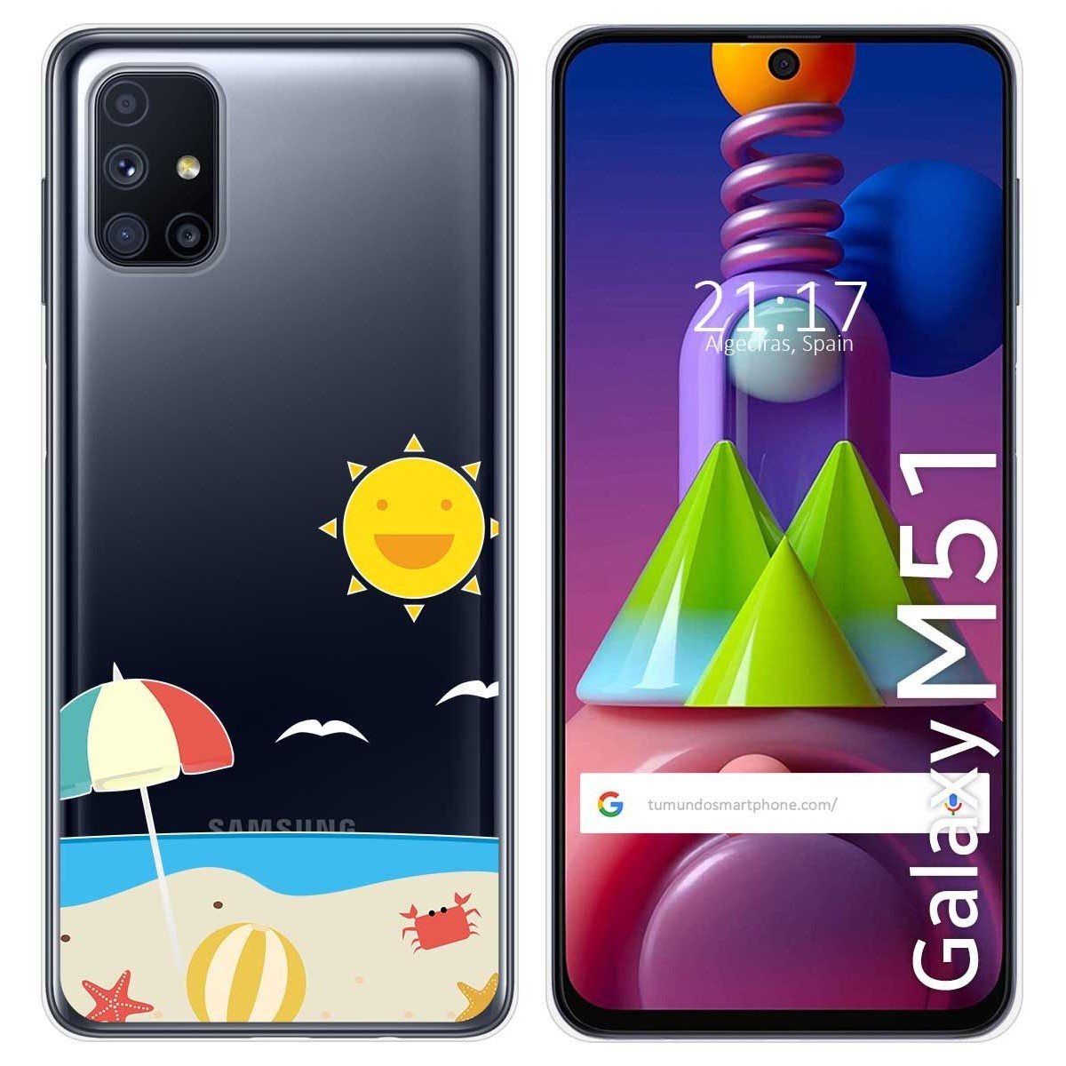 Una funda de teléfono con una ilustración de escena de playa y texto en la pantalla.