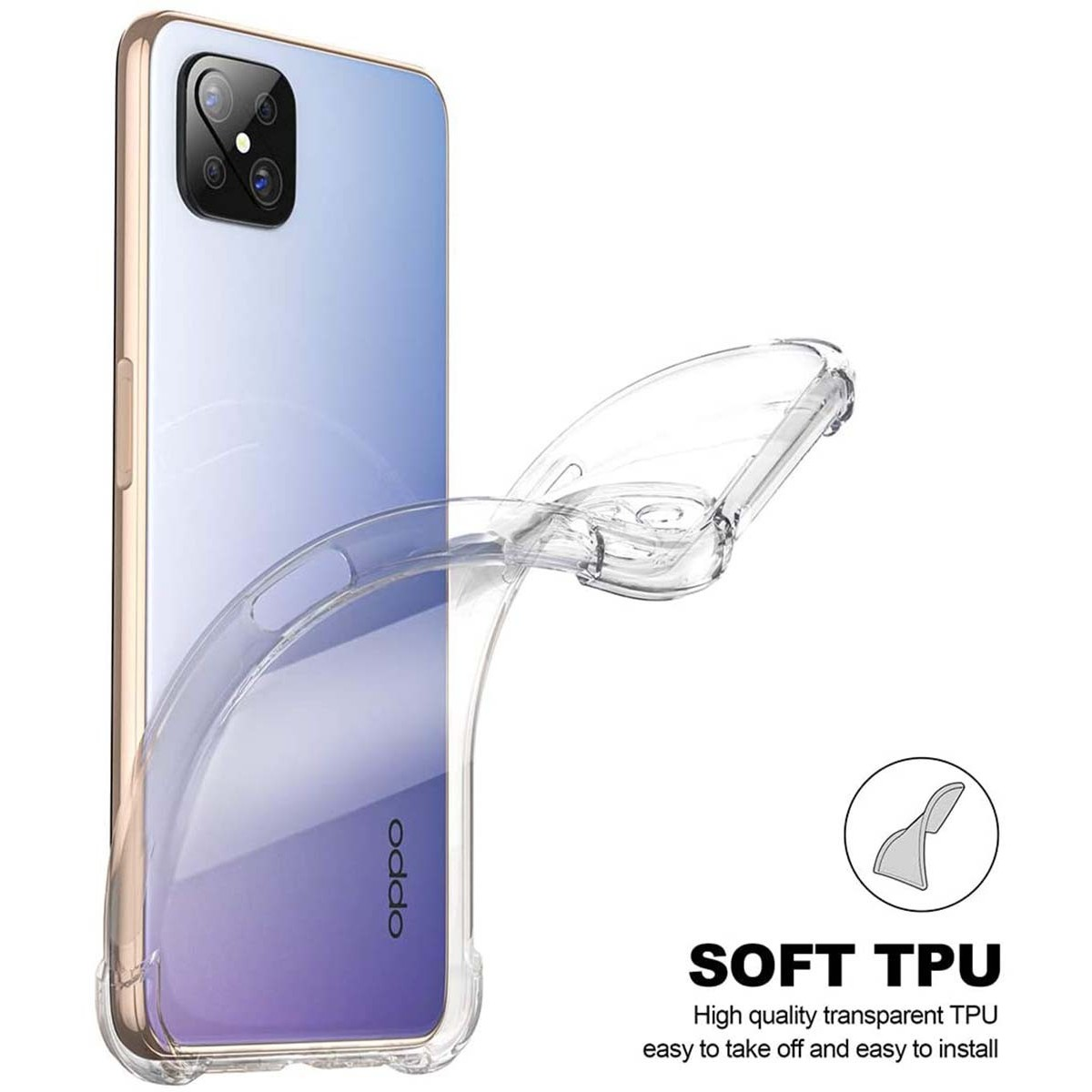 Una funda de teléfono transparente con un teléfono dentro, con la palabra "soft tpu" escrita abajo a la derecha.