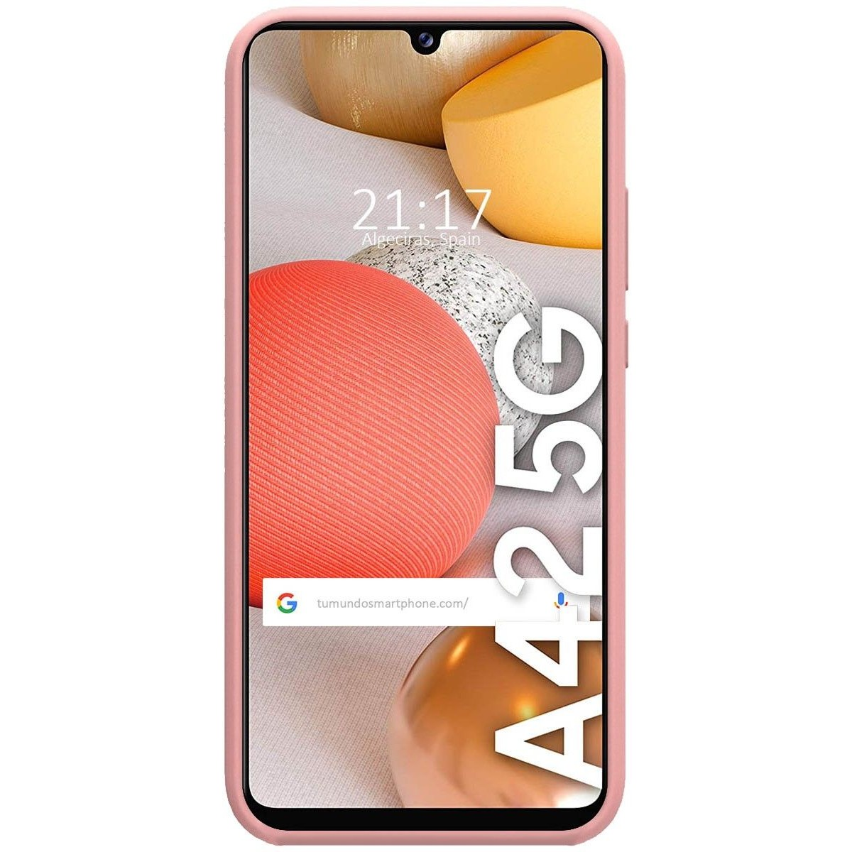Custodia per telefono rosa con sfere arancioni chiare e telefono che mostra l'ora.
